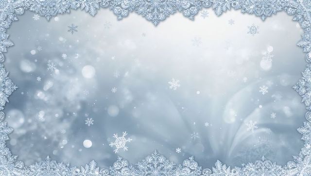 Frosted lace winter frame featuring delicate snowflakes and soft blue bokeh glow