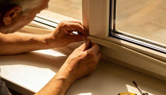 Senior handyman pressing vinyl weatherstrip into window frame for home insulation