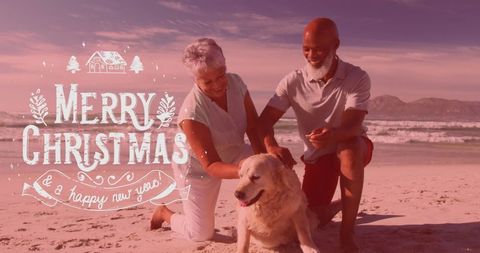 Senior Couple with Golden Retriever Celebrating Christmas on Tropical Beach