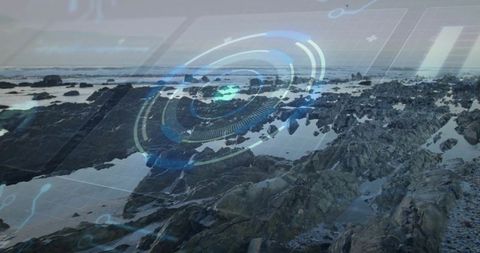 Futuristic hud overlay on rocky shoreline with tidal pools and moody coastal texture