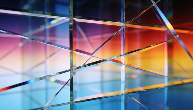 Glass prism grid refracting rainbow light across geometric crystal lattice art