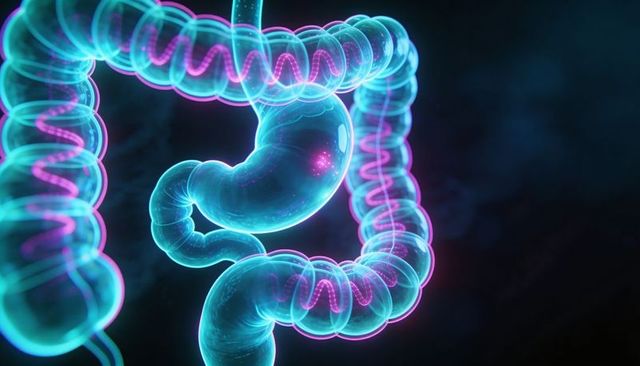 Glowing translucent intestine showing neon dna helix and gut microbiome 3d visualization