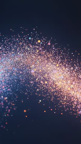 Vertical particle ribbon streaming across navy gradient with multicolor bokeh lights