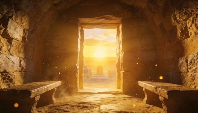 Sunlight bathing ancient tomb portal with stone benches at golden dawn