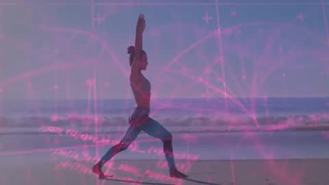 Yoga at Sunrise on Beach with Digital Health Analytics Overlay