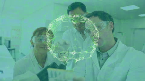 Scientists Analyzing Data with Futuristic Holographic Interface