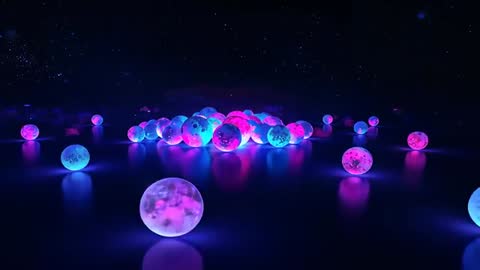 Camera Moving Through Neon Orbs Over Reflective Plane Revealing Glowing Cyan Magenta Spheres