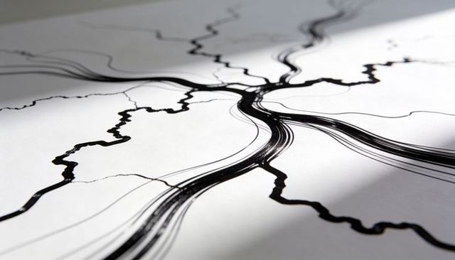 Abstract branching black ink lines on white paper, minimal monochrome linework and texture