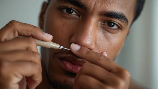 Closeup young man trimming mustache with precision tool for facial grooming and skincare