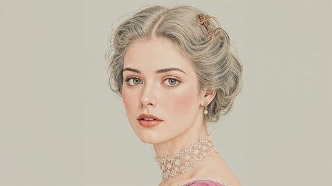 Elegant beautiful lady in vintage pink dress and lace choker