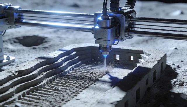 Robotic gantry sintering lunar regolith into terraced habitat using blue laser nozzle