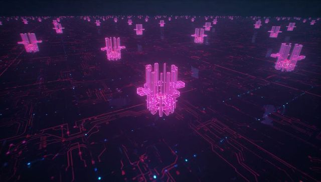 Futuristic holographic towers on neon circuit grid