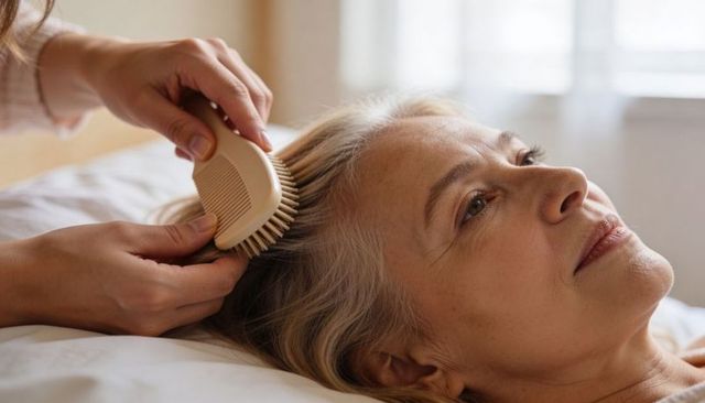 Caregiver brushing senior woman hair on pillow, gentle home grooming and comfort