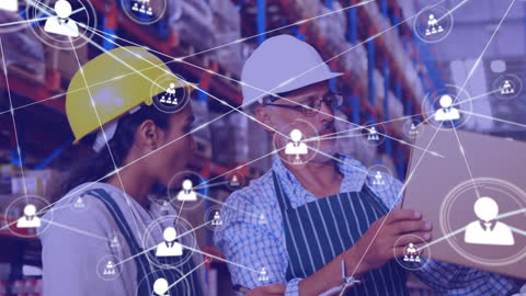 Warehouse Workers Analyzing Inventory with Digital Network