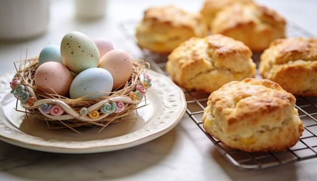 Pastel speckled eggs nest with freshly baked golden scones on sunlit marble countertop