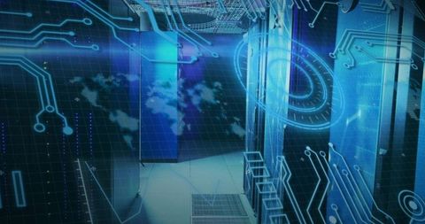 Futuristic Blue Data Center Corridor with Holographic Circuit HUD and Server Racks