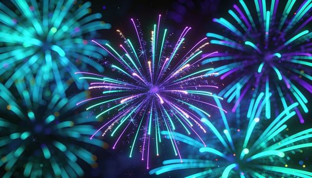 Neon fireworks bursting in purple and teal vibrant radiant night celebration background