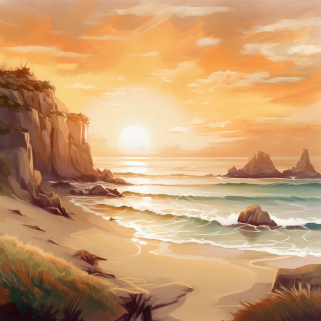 Sunset sky over rocky and green island in sea, created using generative ai technology. Fairy tale, dream, mythology and historical fantasy concept digitally generated image.
