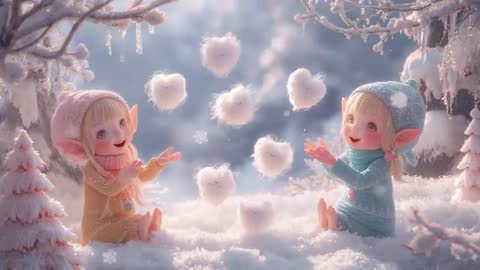 Two Elf Children Playing and Reaching Floating Heart Snow Puffs in Enchanted Winter Forest