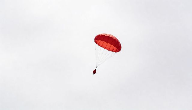 Red Round Parachute Descending Through Overcast Sky Minimalist Solitary Canopy