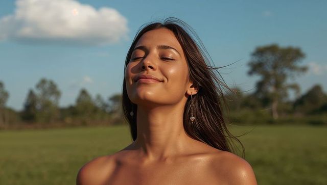 Sunlit woman basking in meadow with closed eyes and dangling earrings, serene portrait