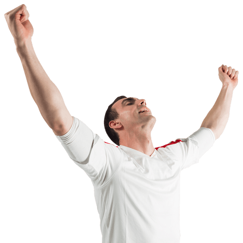 Excited Football Fan Cheering with Arms Raised in Transparent Background