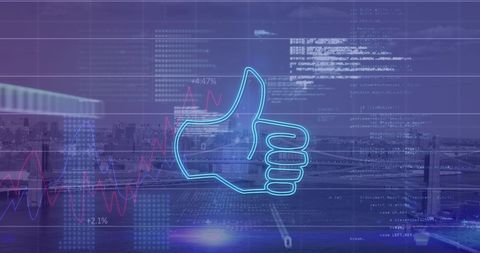 Neon Thumbs Up Overlaying Urban Digital Landscape - Download Free Stock Images Pikwizard.com