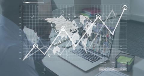 Remote team collaborating with global analytics dashboard overlay on laptop workstation