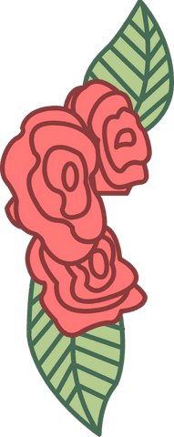 Transparent stylized coral-red rose blooms with leaves