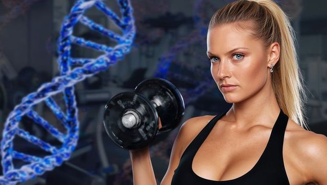Fitness Enthusiast Lifting Dumbbell with DNA Helix in Gym Setting