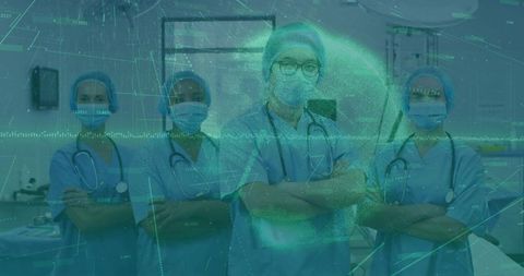 Healthcare professionals with digital overlay innovating medicine