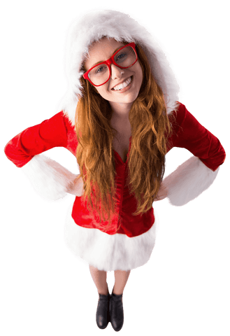 Festive redhead woman in santa cape with transparent background