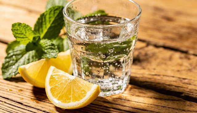 Refreshing sparkling water with lemon wedges and fresh mint on rustic wood table close-up