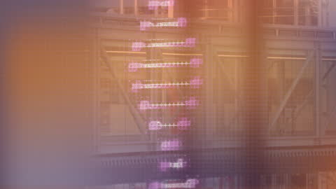 DNA Strand Animation Over Busy Office Environment