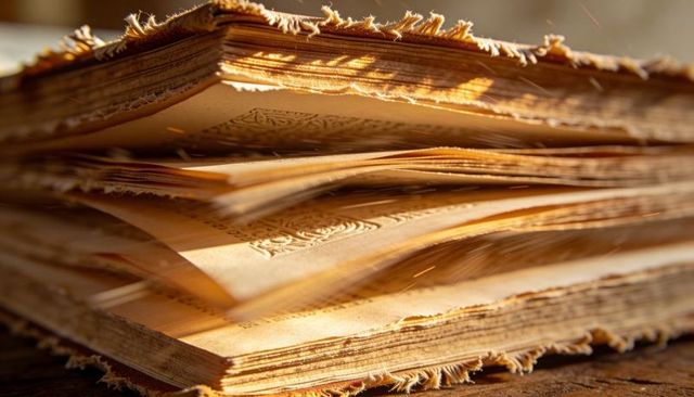 Antique book revealing deckled pages and embossed borders bathed in golden light