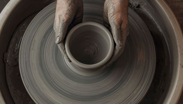 Hands shaping wheel-thrown pottery cup on potter's wheel wet clay artisan craft studio