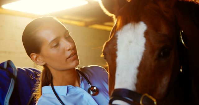 Female veterinarian conducting a thorough exam on a horse in a stable, using a stethoscope. The setting is illuminated by warm sunlight, highlighting the care and professionalism. Ideal for use in veterinary-related branding, equine health articles, or rural healthcare promotions.