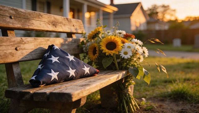 Folded american flag with sunflower and daisy bouquet on weathered bench at golden hour