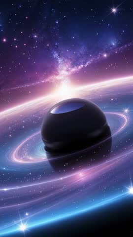 Black Sphere Hovering Over Planet Horizon in Glowing Ring Amid Nebula and Stars