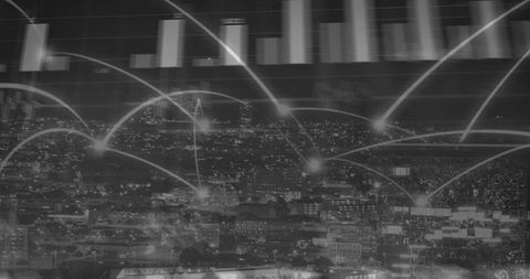 Smart city night network with glowing data arcs over urban skyline and analytics bars