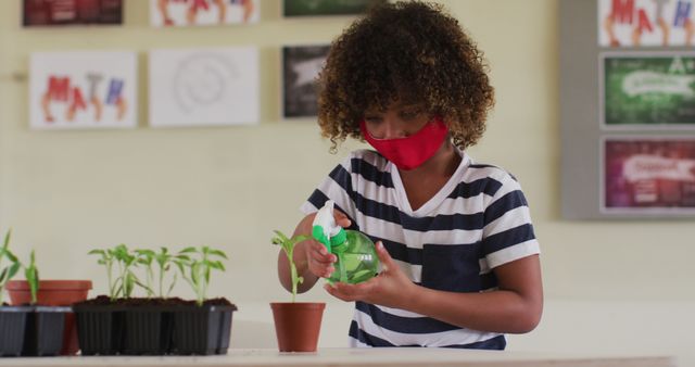 Child Caring for Plants in Classroom Wearing Mask - Download Free Stock Images Pikwizard.com