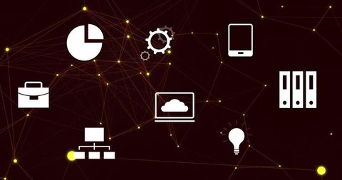 Maroon network visualization with pulsing yellow nodes and cloud laptop icon for tech