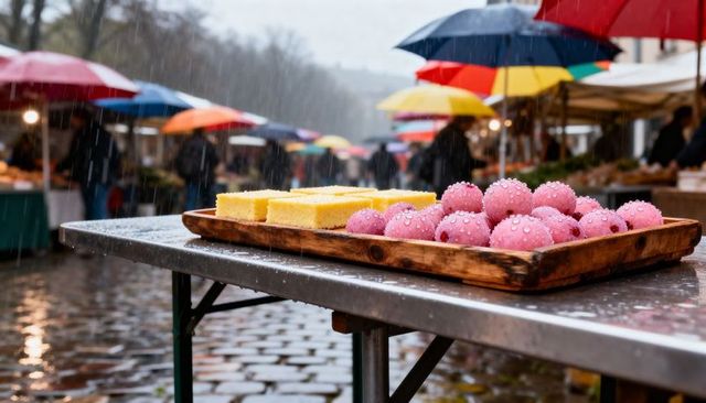 Rain-dappled pastry display showcasing pink glazed spheres and yellow sponge cake at outdoor market