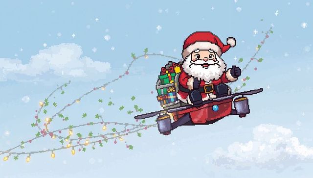 Pixel santa riding hover-sled delivering gifts through festive 8-bit winter sky light trail