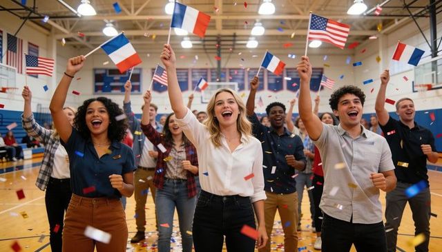 Diverse students celebrating with american and french flags and confetti in school gym