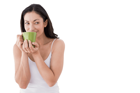 Biracial Woman Holding Green Mug on Transparent Background