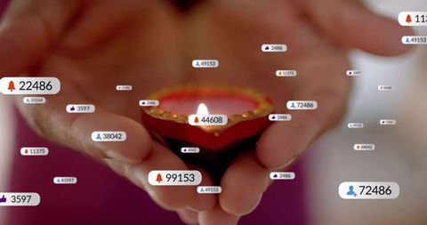Holding lit diya with floating social notifications blending tradition and digital focus