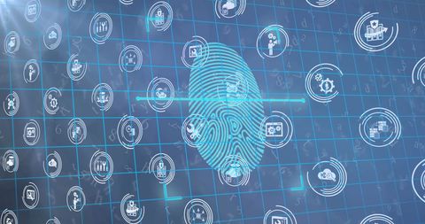 biometric fingerprint with digital interface icons on blue grid - Download Free Stock Images Pikwizard.com