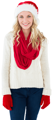 Smiling Woman in Santa Hat with Red Scarf on Transparent Holiday Background