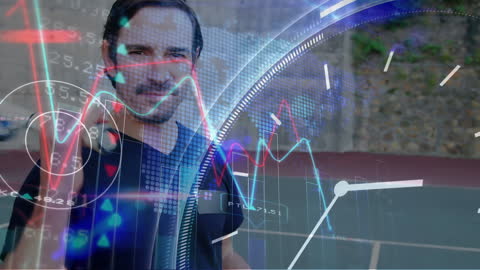 Tennis Player Analyzing Data with Digital Overlay Visuals